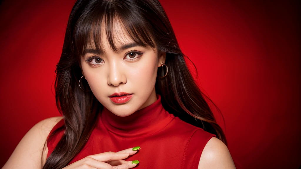 Red Rose,(Detailed face),vivid,cute,A silky white dress with sleeveless top and turtleneck,4K ,Ultra-high resolution,(Photorealistic:1.7),Red background,Long black hair,