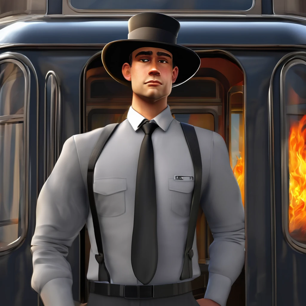 He is a fire, a fire head. He has a hat, he is a tram driver. My he has grey shirt with black tie and black pants