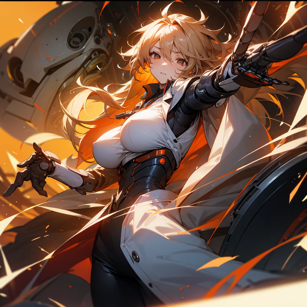 Female, Big breasts, Technological chaos, Orange lens, Messy hair, lab coat, mechanical arms