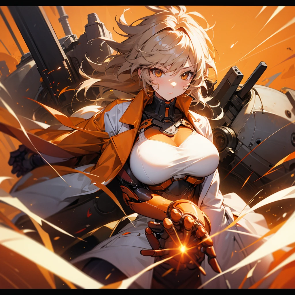 Female, Big breasts, Technological chaos, Orange lens, Messy hair, lab coat, mechanical arms