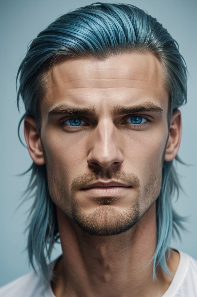 Man with weak hair that fades to the sides, quite large light blue eyes, somewhat large nose, large mouth and arched jaw. 