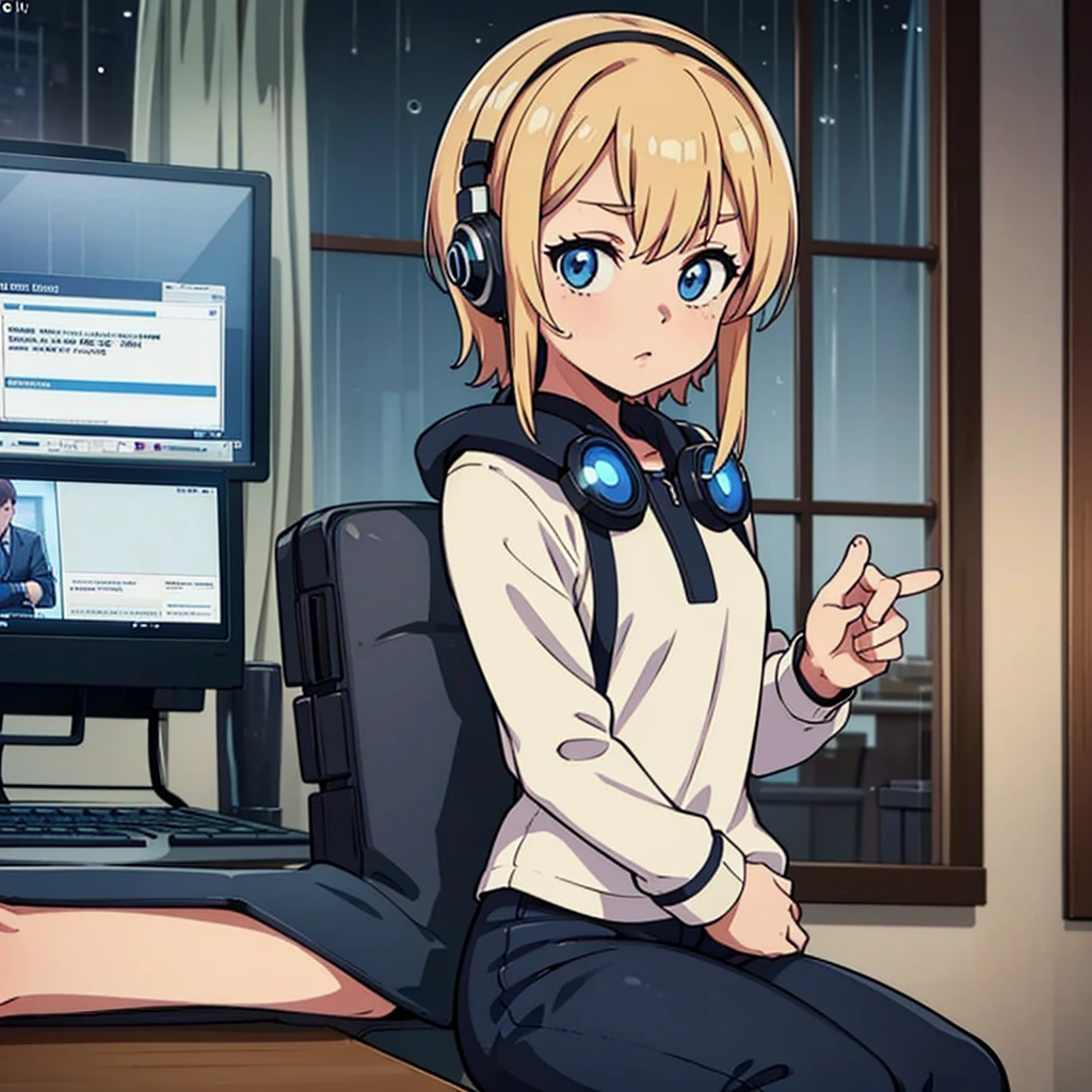 sitting at a desk in front of a computer, with their back to the viewer. The setting is at night, and the room is softly lit by the glow of the computer screen and a desk lamp. Outside the window, it’s raining, and city lights can be seen in the distance. The person is wearing headphones and appears to be focused on their work