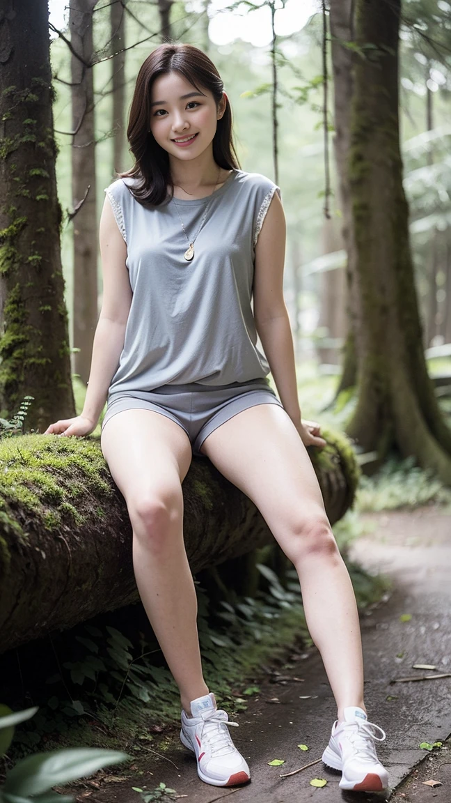 masterpiece, best quality, Surreal, Ultra Detailed, 8k resolution, RAW photos, Clear focus, (A girl in the forest), ((light gray shirt:1.1)), sleeveless, sports Shorts,Full body posture, Solitary, Perfect body, Become a, 32 inches in the chest,(a charming smile:1), (sexy pose),26 years old, light,White shoes