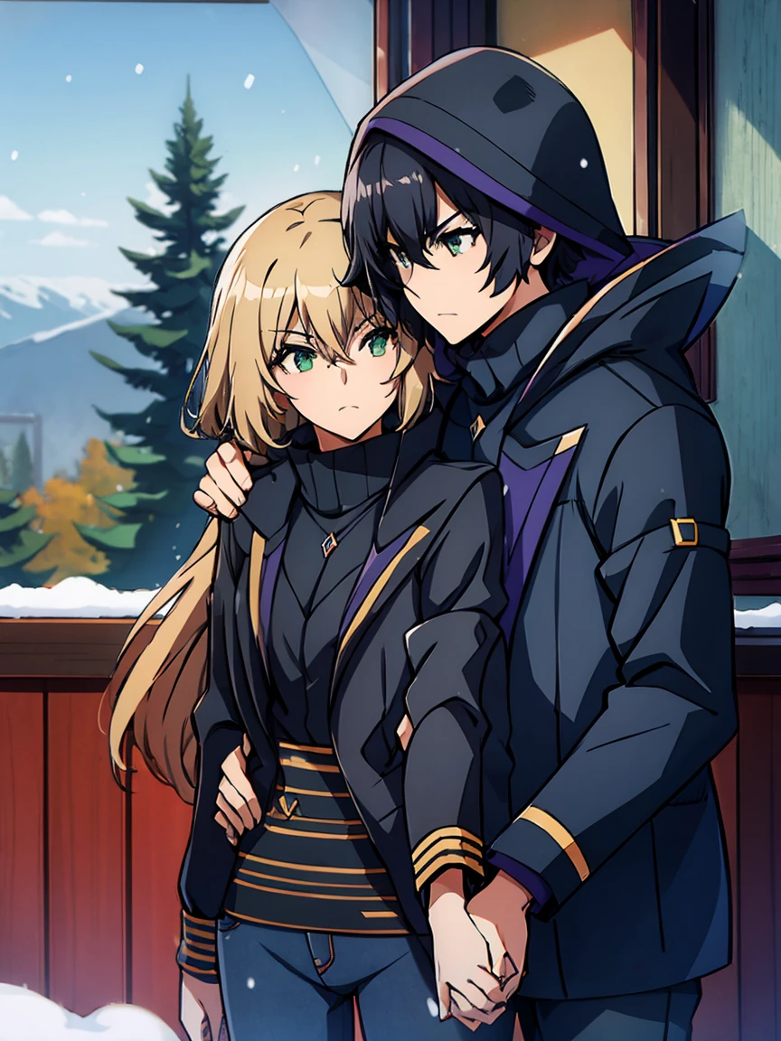 Couple, 1 girl 1 boy, different hair color, long blonde hair, wavy hair, no bangs, grey eyes. Pullover and jeans. Short black hair, wavy hair and (green eyes) , black t shirt and jeans, height different, detailed eyes, face, hand. The look at the viewer. They hug. They are near pine trees with snow. Full figure. Background snow forest