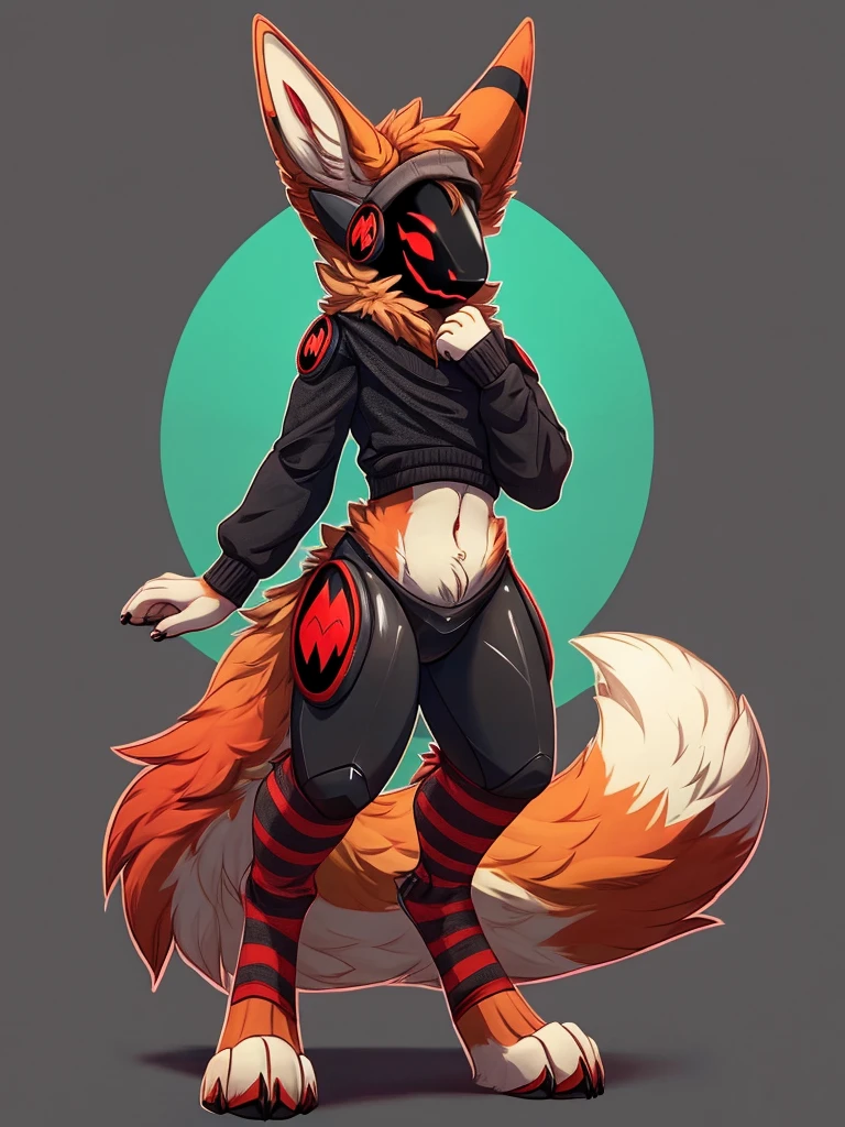 ((masterpiece)), ((best quality)), furry, furry art, protogen, solo, neon red details, black and red fur, fluffy fur, fluffy tail, full body, slim body, perfect proportions, long ears, beanie, red and black gothic sweater, red thigh highs, empty background, lighting 