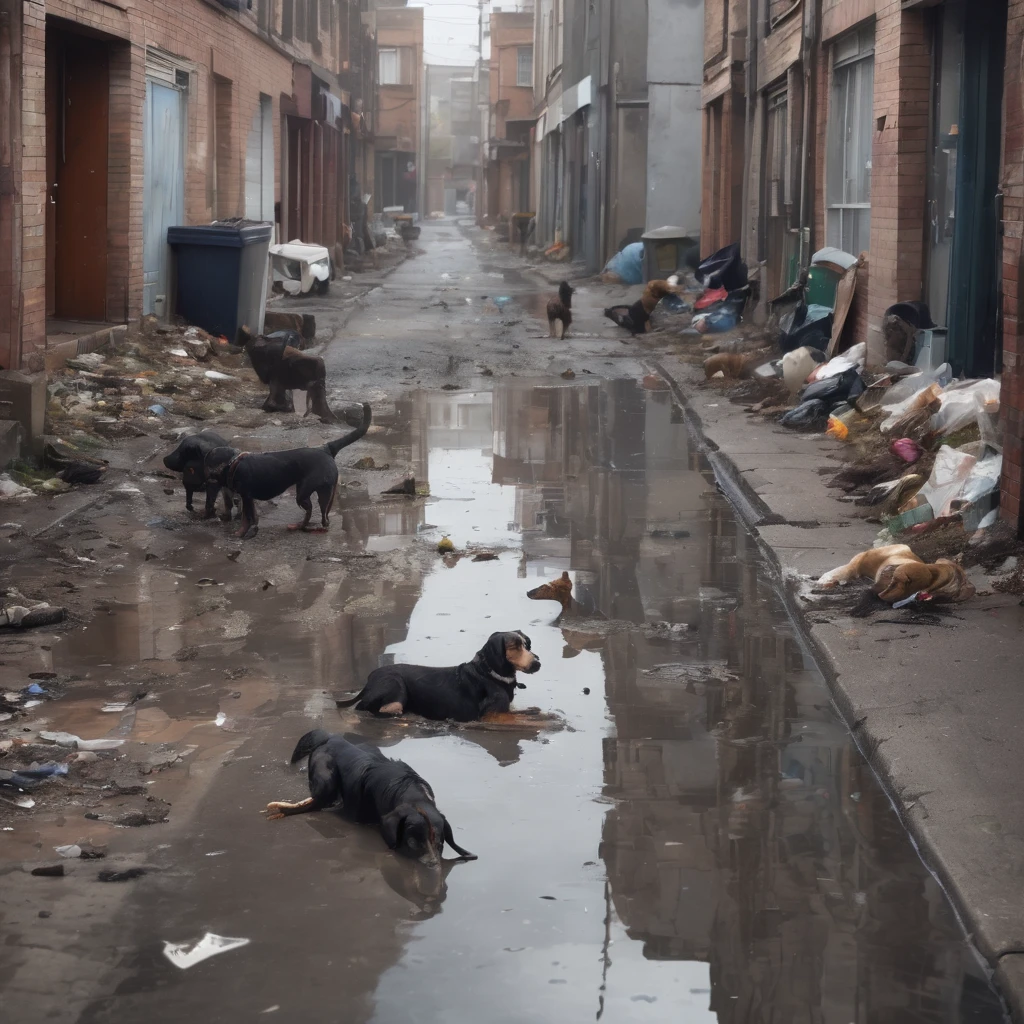 Realistic photo of a street , abandoned street with thrown rubbish, draining sewage system, puddles of water, dogs rummaging through trash, rats in the trash