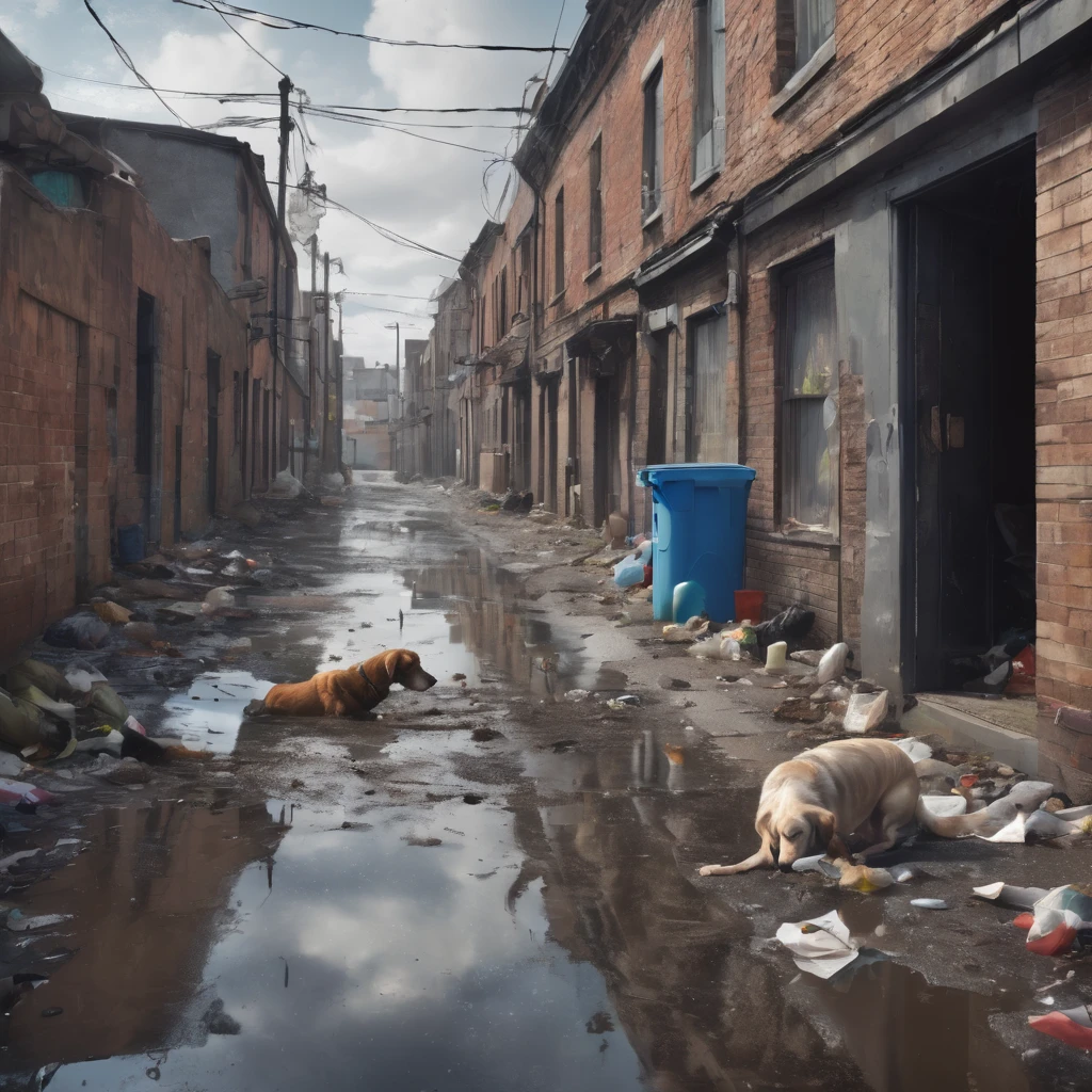 Realistic photo of a street , abandoned street with thrown rubbish, draining sewage system, puddles of water, dogs rummaging through trash, rats in the trash