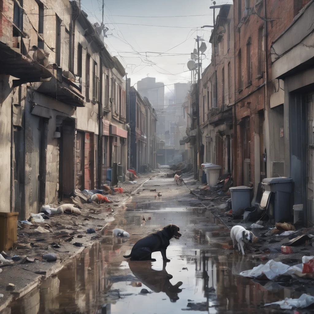Realistic photo of a street , abandoned street with thrown rubbish, draining sewage system, puddles of water, dogs rummaging through trash, rats in the trash