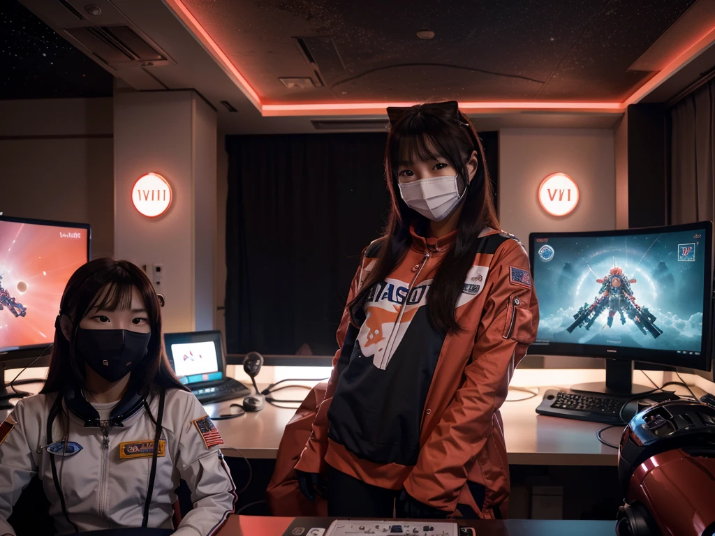 astronaut，astronaut明日香雕像，Red EVA-02 wallpaper，Two monitors stand，Gaming equipment on the table，White Gloves Characters，Covering the face with one hand。Under colorful neon lights，Vitality。Each screen，Asukaya is eye-catching，Artist&#39;s unique style。Vivid scenes，Vitality。 (astronaut:1.3), (astronaut anime expo:1.2), (computer and keyboard in front:1.2), (Astronaut Asuka:1.3), (beautiful Astronaut Asuka from Evangelion:1.3), (Neon Genesis Evangelion style:1.2), (Neon Genesis Evangelion:1.2), (Astronaut Asuka Langley:1.3), (fully suited Astronaut Asuka Langley Soryu:1.2), (masterpiece:1.3), (best quality:1.3), (highly detailed CG Unity 8k wallpaper:1.3), (best illustration award:1.2), (exquisite shadows:1.2), (absurdes:1.2), (realistic lighting:1.3), (abyss:1.2), (beautiful intricate glow:1.2), (Peter MohrBacher's art style:1.1)