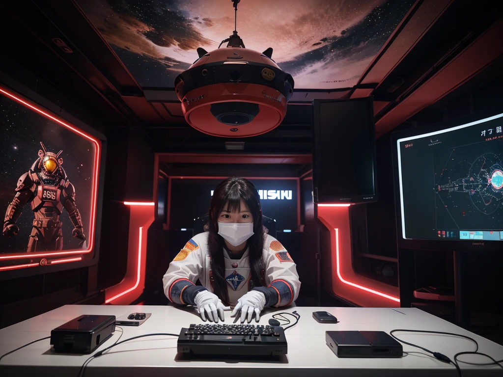 astronaut,astronaut明日香雕像,Red EVA-02 wallpaper,Two monitors stand,Gaming equipment on the table,White Gloves Characters,Covering the face with one hand。Under colorful neon lights,Vitality。Each screen,Asukaya is eye-catching,Artist's unique style。Vivid scenes,Vitality。 (astronaut:1.3), (astronaut anime expo:1.2), (computer and keyboard in front:1.2), (Astronaut Asuka:1.3), (beautiful Astronaut Asuka from Evangelion:1.3), (Neon Genesis Evangelion style:1.2), (Neon Genesis Evangelion:1.2), (Astronaut Asuka Langley:1.3), (fully suited Astronaut Asuka Langley Soryu:1.2), (masterpiece:1.3), (best quality:1.3), (highly detailed CG Unity 8k wallpaper:1.3), (best illustration award:1.2), (exquisite shadows:1.2), (absurdes:1.2), (realistic lighting:1.3), (abyss:1.2), (beautiful intricate glow:1.2), (Peter MohrBacher's art style:1.1)