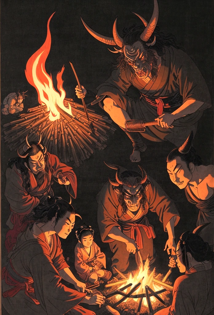 Ukiyo-e style image. Travelers from the Edo period making a bonfire in a slightly open area in the pitch black mountains to camp out. A giant demon appears from the darkness. The demon's head has long, unkempt hair.、The demon has two horns and is wearing tattered armor.