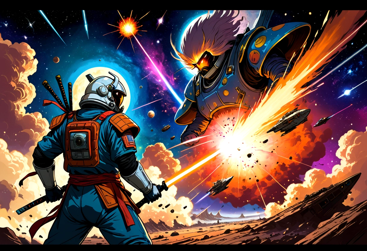cosmic astronaut samurai, epic space battle, gritty, 1980s heavy metal style, space ships, blasts, explosions, sense of movement and energy, intense, too real, high tension, maximal, nuanced, expressive, rough-sketch