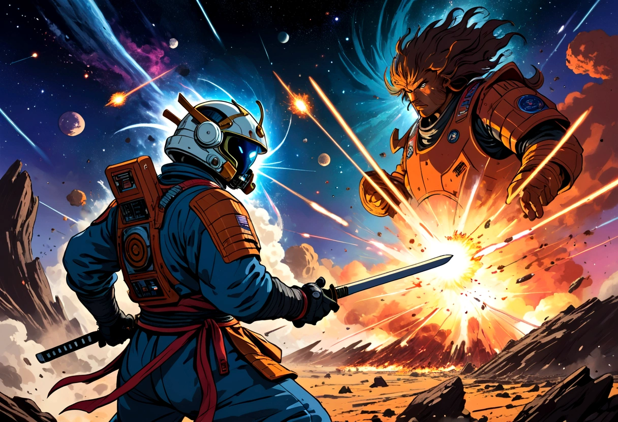 cosmic astronaut samurai, epic space battle, gritty, 1980s heavy metal style, space ships, blasts, explosions, sense of movement and energy, intense, too real, high tension, maximal, nuanced, expressive, rough-sketch