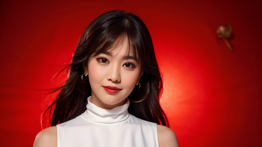 (Red Rose),(Detailed face),vivid,cute,A silky white dress with sleeveless top and turtleneck,4K ,Ultra-high resolution,(Photorealistic:1.7),Red background,Long black hair,