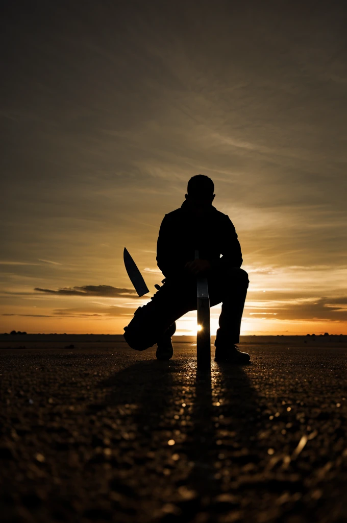 A silhouette of a man kneeling on the ground with a knife on his back the knife is very large