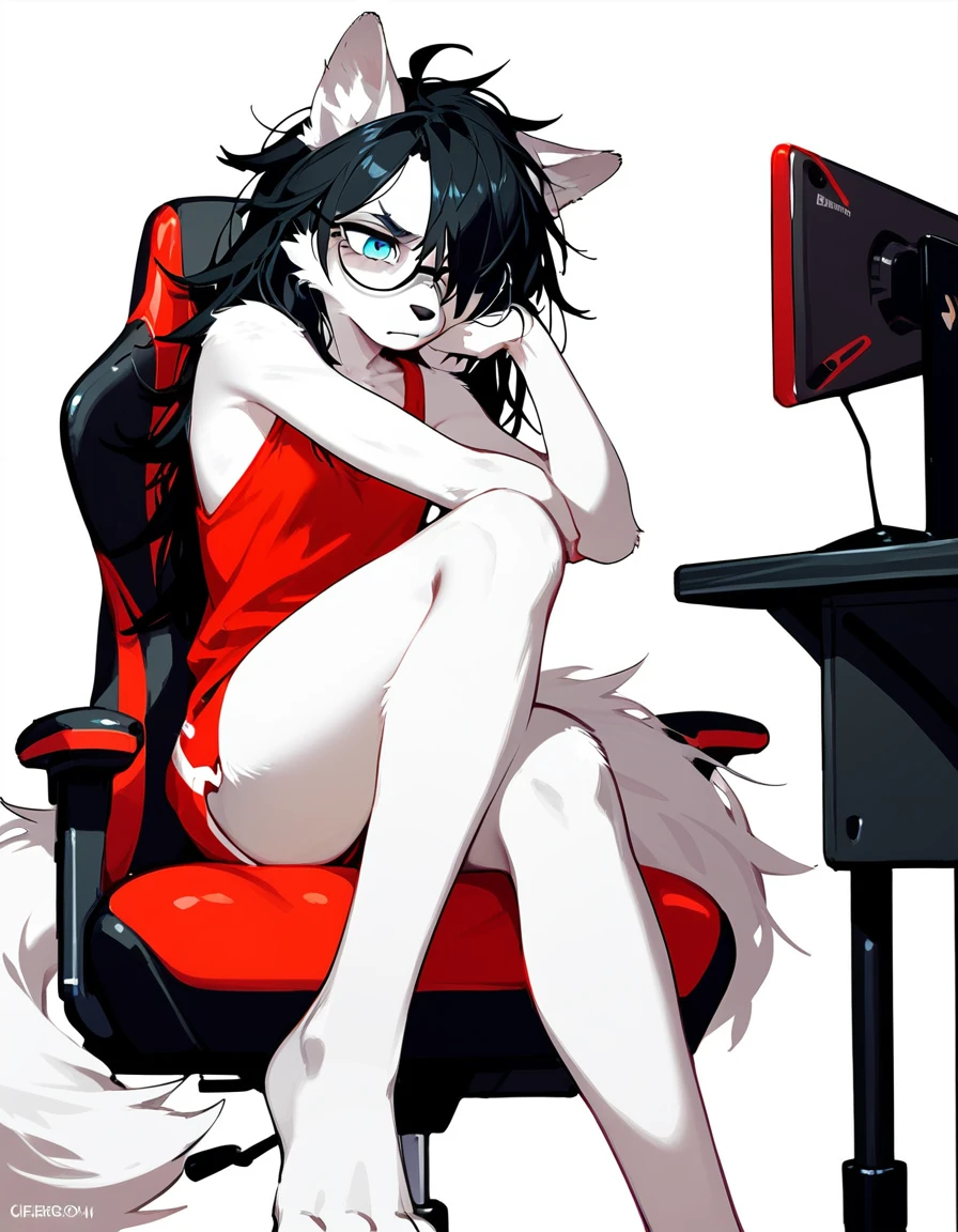 Solo, score_9,score_8_up,score_7_up, sierra, a young nerdy Anthro furry wolf woman, white furry body, tall, awkward, long black messy hair, hair covering one eye, long black hair, blue eyes, black glasses, small breasts, white wolf tail, wearing red tank top, bored expression, sitting on a gamer chair, legs crossed, 4 toes