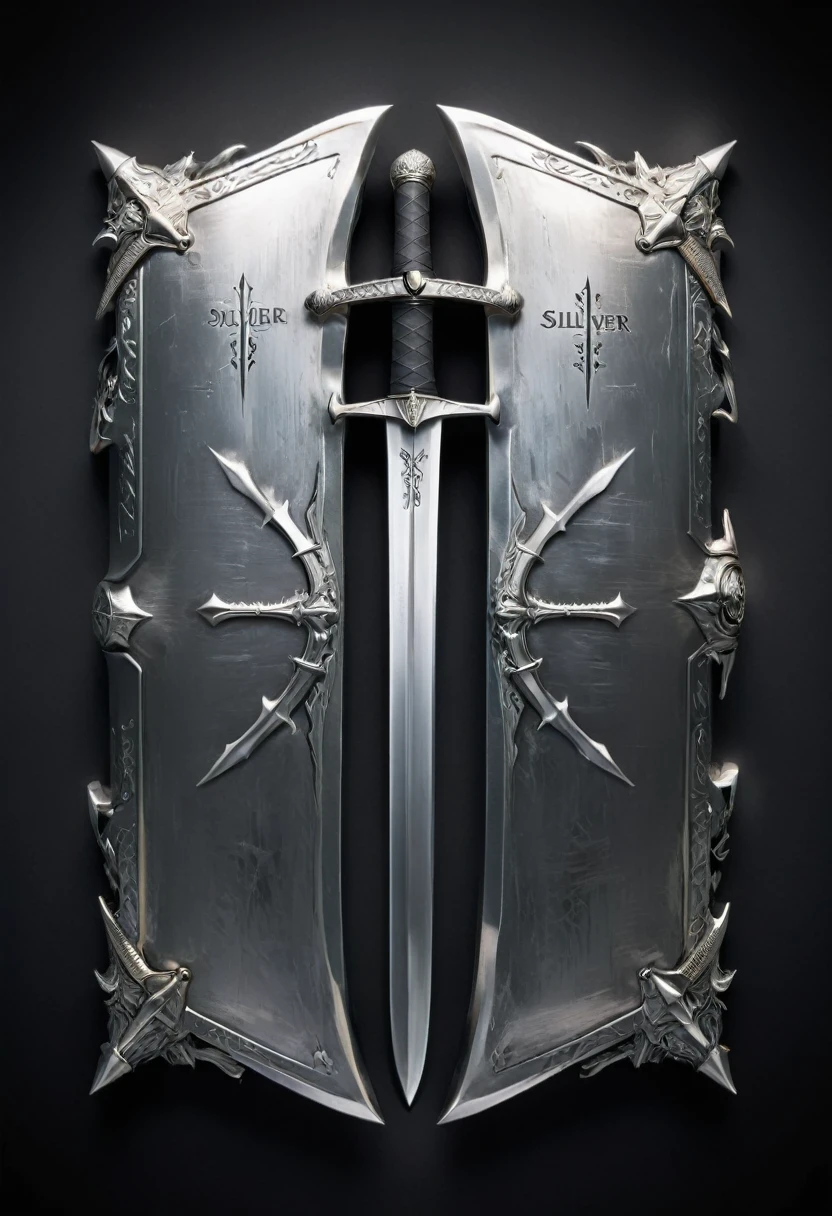 (((best qualityer))), (((work of art))), (((high resolution))), Weapons to be included around a silver box, Two double-edged swords with sharp blades., black background with smooth gradient. in the center of the silver box written the large name SILVER BOX