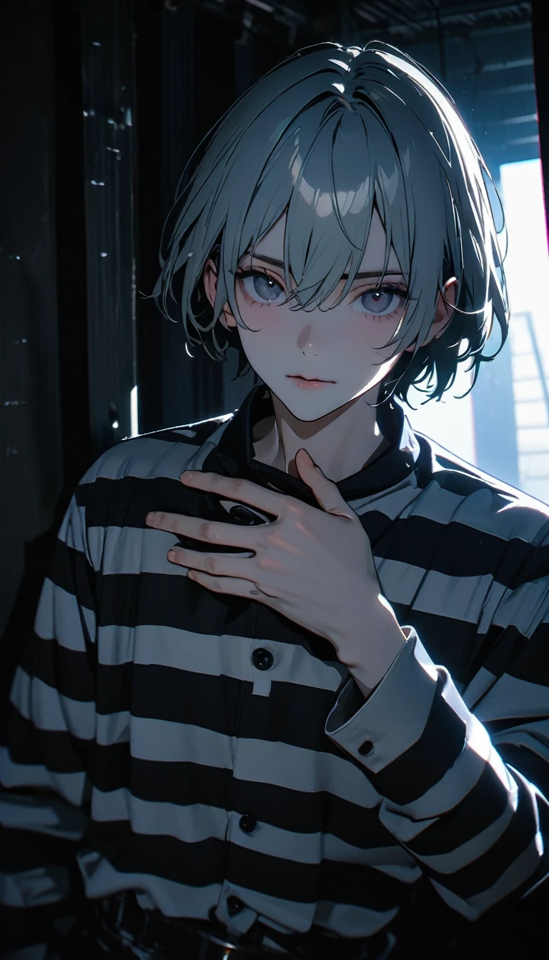 (8K, RAW photos, best quality, masterpiece: 1.4), (((Boy looking at his palm)))，Ultra-high resolution, Extremely detailed, light, Upper body close-up, handsome boy, black eyes, (delicate eyes, Eyes are bright:1.2), Gray short hair, Fair skin,dark, Black and white striped prison uniform,Black and white striped prison pants,(perfect anatomy:1.2), High-quality shadows, Natural Lighting, (White highlights:1.2), night, cloudy day, (Dark room:1.2), (The prison is surrounded by steel walls.:1.2)