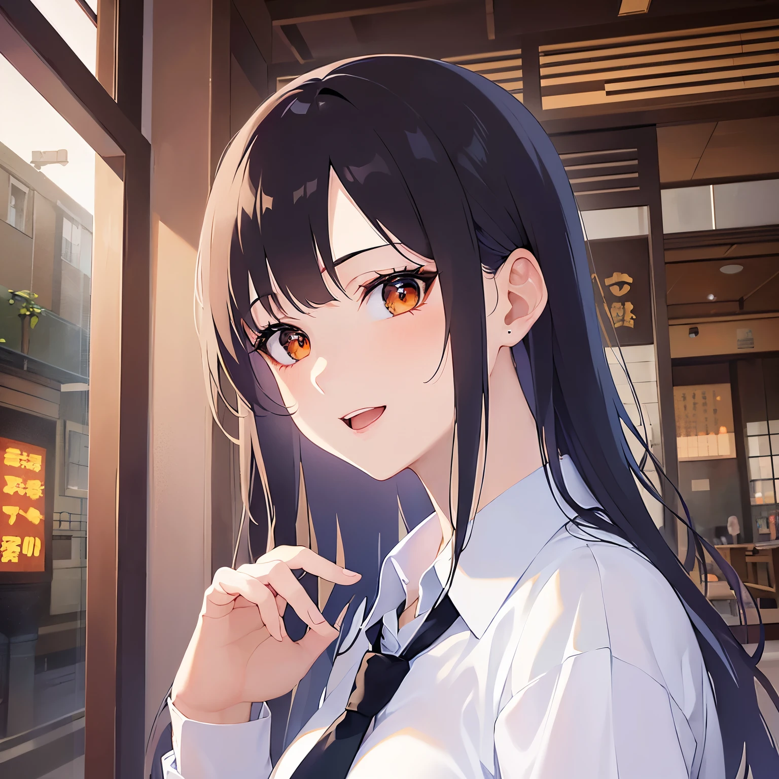 side angle,Detailed CG,Ultra-fine illustrations,masterpiece,Highest quality,AW Photo,Realistic,BREAK(white collared shirt:1.5)BREAK,(Pale skin:1.2),Shiny skin,Shiny Hair,(A 28-year-old woman with medium-length hair and bangs)and(wavy hair)and(brown hair)and(Orange Eyes),(smile),(open mouth),The background is the interior of the izakaya,alone,(open hand:1.3),(Biologically correct５Finger)