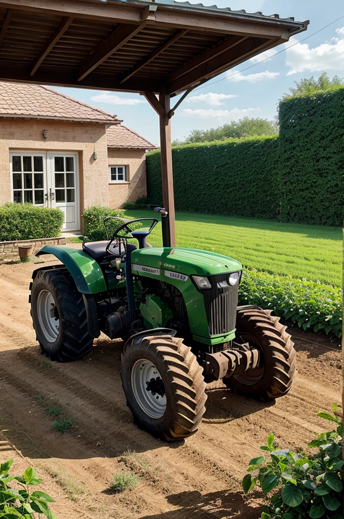 A tractor with cultivator in front of a small home
Long shot