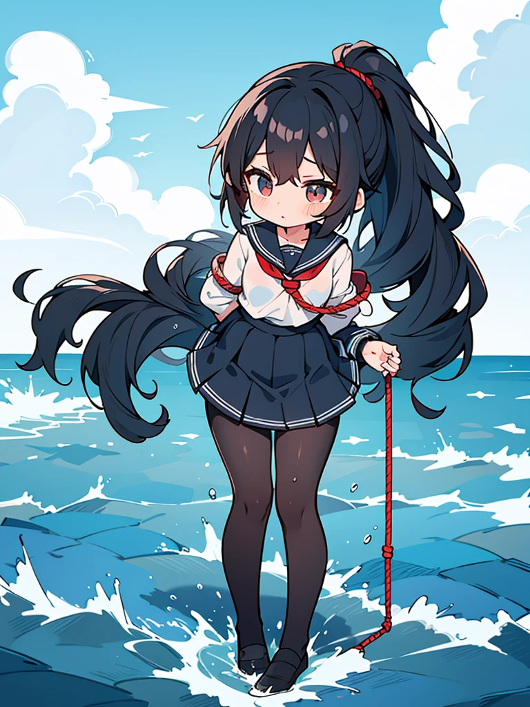 Correct human body structure,perfect,Black ponytail,Black pantyhose,((cute girl)),Full body pictures,Soak in the sea,Hold your breath,rope bondage,Put your hands behind your back,Short skirt,alarmed,wet clothes,school uniform