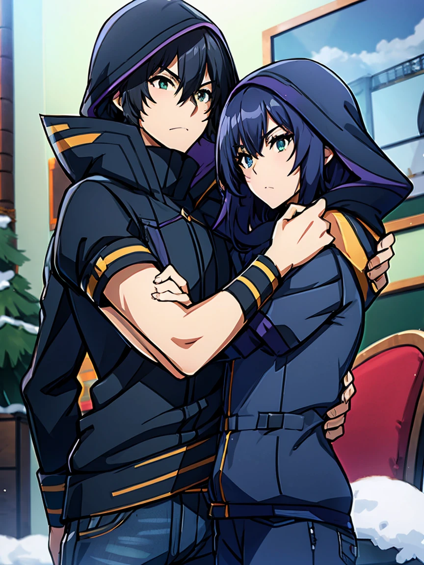 Couple, 1 girl 1 boy, different hair color, long aqua blue hair, wavy hair, no bangs, grey eyes. Pullover and jeans. Short black hair, wavy hair and (green eyes) , black t shirt and jeans, height different, detailed eyes, face, hand. The look at the viewer. They hug. They are near pine trees with snow. Full figure. Background snow forest