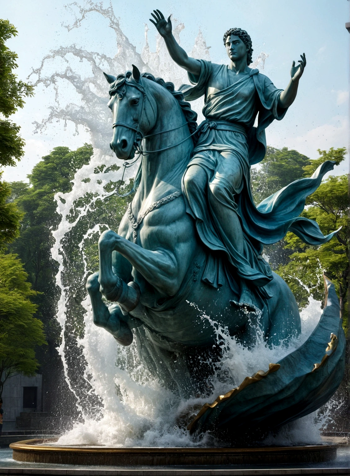 8K,Realistic statue、Super huge statue、Impressive statue、Surreal Statue Photos、Water splashes、