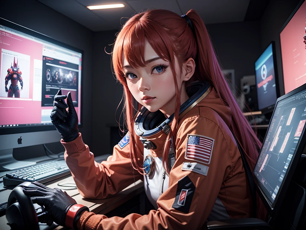 astronaut，astronaut明日香雕像，Red EVA-02 wallpaper，Two monitors stand，Gaming equipment on the table，White Gloves Characters，Covering the face with one hand。Under colorful neon lights，Vitality。Each screen，Asukaya is eye-catching，Artist&#39;s unique style。Vivid scenes，Vitality。 (astronaut:1.3), (astronaut anime expo:1.2), (computer and keyboard in front:1.2), (Astronaut Asuka:1.3), (beautiful Astronaut Asuka from Evangelion:1.3), (Neon Genesis Evangelion style:1.2), (Neon Genesis Evangelion:1.2), (Astronaut Asuka Langley:1.3), (fully suited Astronaut Asuka Langley Soryu:1.2), (masterpiece:1.3), (best quality:1.3), (highly detailed CG Unity 8k wallpaper:1.3), (best illustration award:1.2), (exquisite shadows:1.2), (absurdes:1.2), (realistic lighting:1.3), (abyss:1.2), (beautiful intricate glow:1.2), (Peter MohrBacher's art style:1.1)