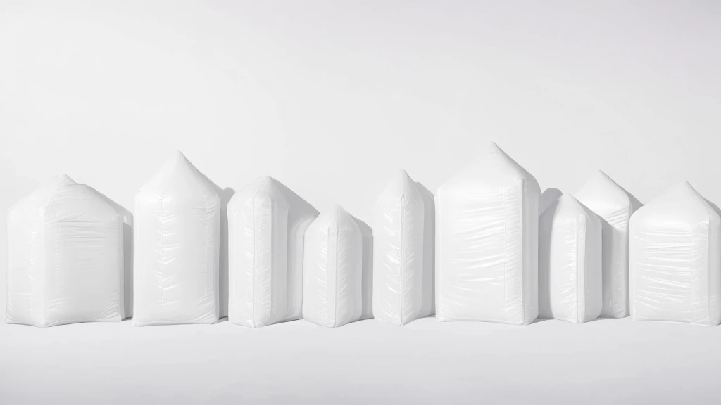  inflatable blocks，Front view，Realistic of a inflatable installation in the shape, white inflatable plastic film material, wrapped in a white polyester sheet. ，minimalist, most best quality,32K Ultra HD, super detail, best quality, highres, high details