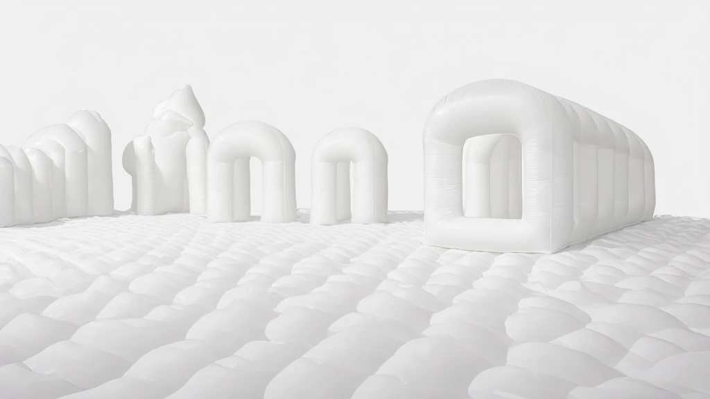 inflatable blocks,Front view,Realistic of a inflatable installation in the shape, white inflatable plastic film material, wrapped in a white polyester sheet. ,minimalist, most best quality,32K Ultra HD, super detail, best quality, highres, high details