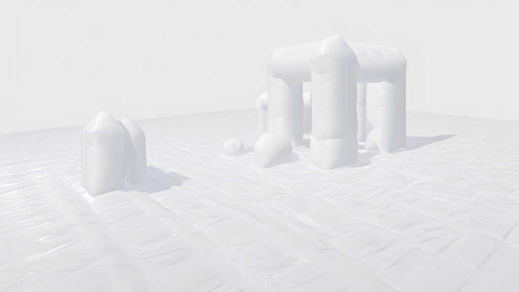 inflatable blocks,Front view,Realistic of a inflatable installation in the shape, white inflatable plastic film material, wrapped in a white polyester sheet. ,minimalist, most best quality,32K Ultra HD, super detail, best quality, highres, high details