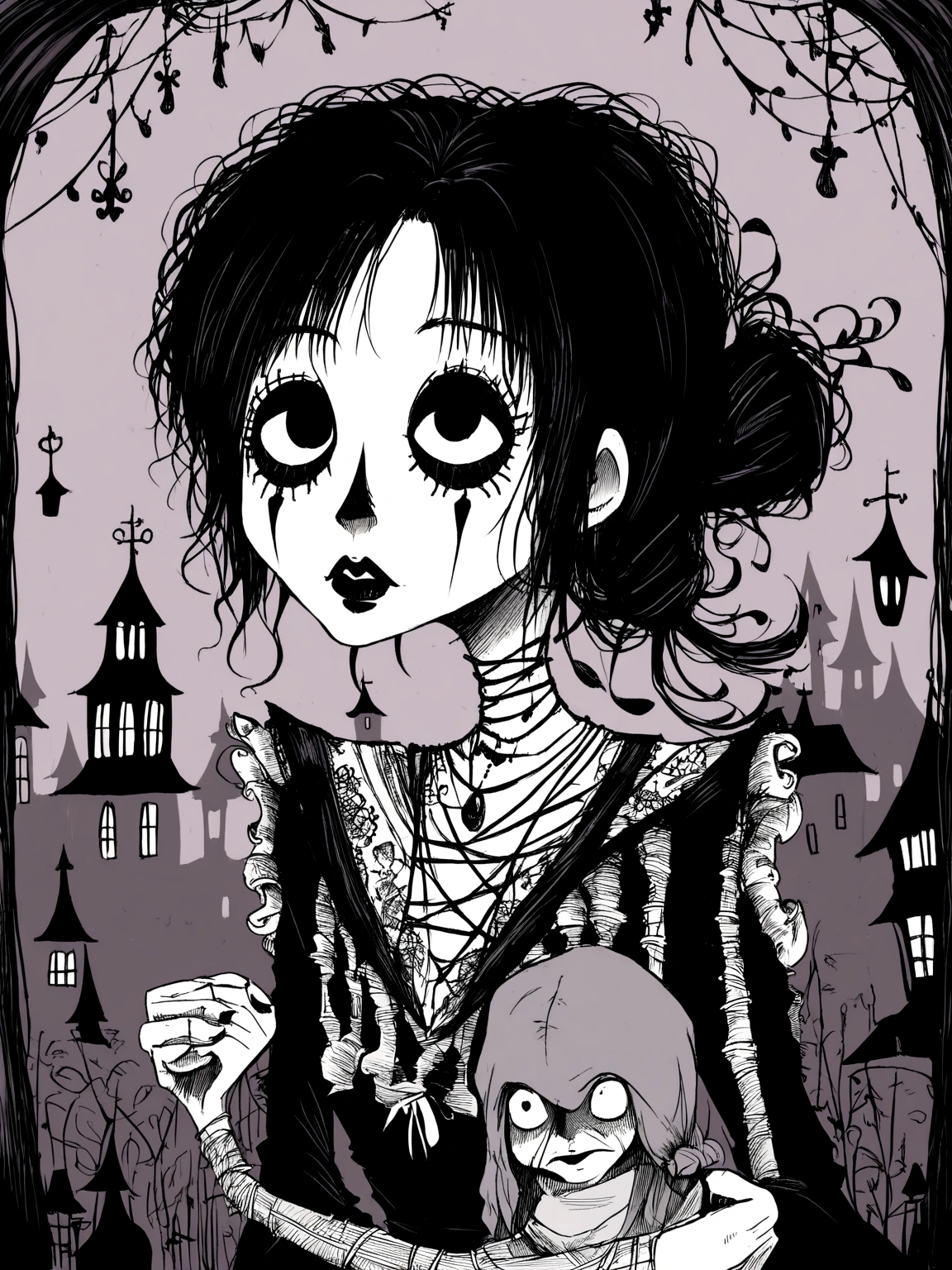 , pobres, Beggar, tied up hair, art style drawing gothic tim burton, portraite, semi-realistic