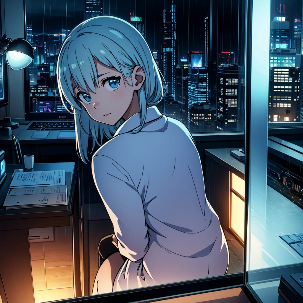 sitting at a desk in front of a computer, with their back to the viewer. The setting is at night, and the room is softly lit by the glow of the computer screen and a desk lamp. Outside the window, it’s raining, and city lights can be seen in the distance. The person is wearing headphones and appears to be focused on their work