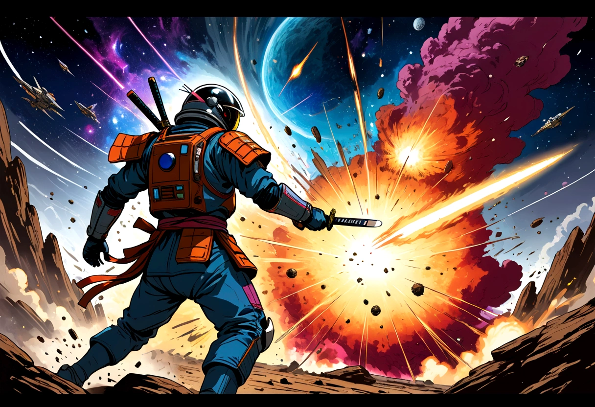 cosmic astronaut samurai, epic space battle, gritty, 1980s heavy metal style, space ships, blasts, explosions, sense of movement and energy, intense, too real, high tension, maximal, nuanced, expressive, rough-sketch