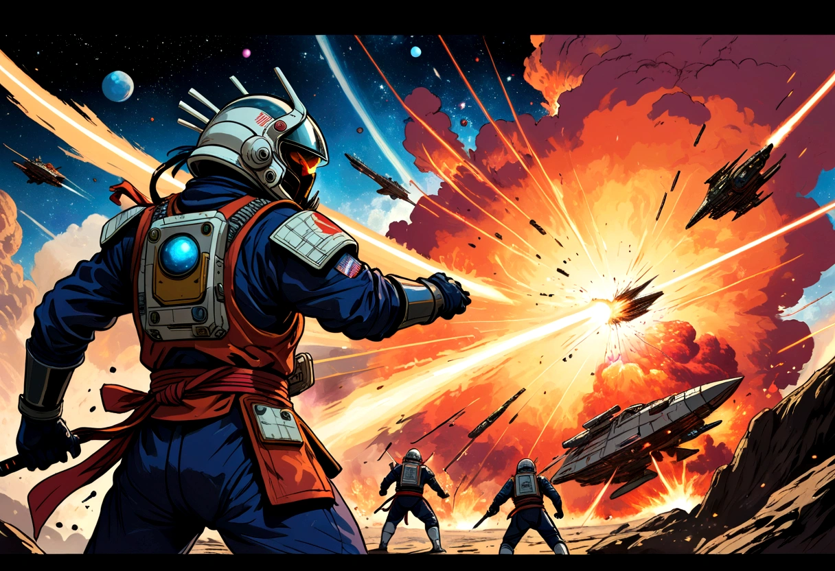 cosmic astronaut samurai, epic space battle, gritty, 1980s heavy metal style, space ships, blasts, explosions, sense of movement and energy, intense, too real, high tension, maximal, nuanced, expressive, rough-sketch