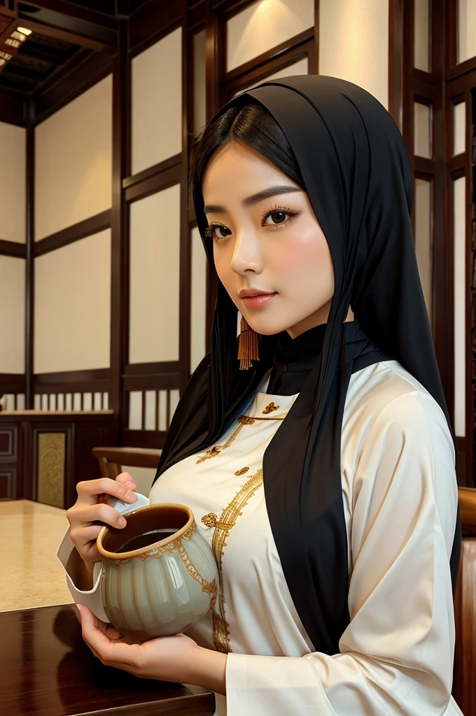 traditional muslim Chinese woman drinking coffee out of a bowl as big as her head. anime style,