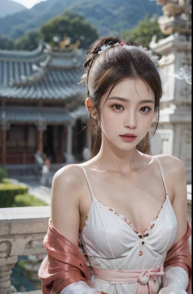 ((((8K))),((Extremely detailed CG)) ,(wallpaper),16K,((Extremely exquisite and beautiful)),(((masterpiece))),(((Best quality))),(((超high resolution))),Beautiful light,Perfect Lightning,Realistic shadows,[high resolution],(Smooth and flawless fair skin:1.5),(Pale skin:1.3),Extremely delicate facial details,(Perfect body:1.1),Extremely detailed,A beautiful girl,(Small head:1.2),(Short Ponytail:1.1),(Hair Bun:1.1),(Small face:1.2),Exquisite makeup,(Small Breasts:1.2),(flat chest:1.2),(Slim,Thin),Happy,(Smile:1.2),(collar:1.2),(Gorgeous red glittering robe:1.5),(underwear:1.2),(besides:1.2),(Night view:1.5),(indoor:1.2),(In the luxurious temple hall:1.5),(Cyberpunk style:1.3),(Neon:1.2),(Detailed background:1.5),(Sitting cross-legged on a lotus in front of a Buddha statue:1.3),(Fold your hands devoutly:1.3),(Upper Body:1.3),(From the front:1.3),(cigarette:1.3)