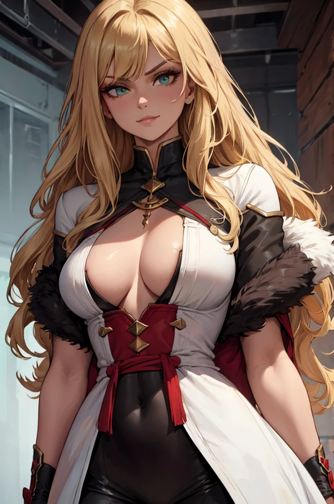 ((masterpiece)), ((best quality)), 1girl, adult, long hair, ((blonde hair)), very long blonde hair, ((intimidant look)), ((close-up)), profile image, green eyes, black and red clothes, sexy, dark colors, brillant eyes, ((coat with fur)), ((wavy hair)), exposed skin, ((sexy pose)), ((intimidant look)), good anatomy, ((dark sage clothes)), ((straight cut bangs)), emotionless, intimidant, ((beautiful eyes)), close up, ((detailed eyes)), beautiful eyes, ((detailed face)), hair bang, frontal look, evil, relaxed, smile, magical goddess othinus, detailed face, eyepatch, full body, ((detailed))
