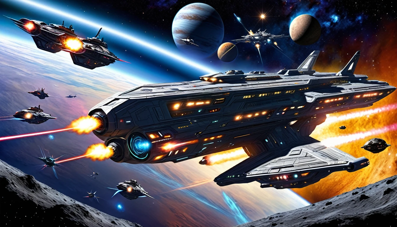At the edge of the Milky Way galaxy, a space war erupts around the mysterious planet "Eye of the Stars". Various interstellar fleets gather and engage in fierce battles using advanced ships and tactics, Galaxy, edge, space war, starship, fleet, flagship, hyperspace, mystery planet, Star's Eye, rare resource, asteroid belt, nebula, natural barrier, strategic deployment, laser cannon, particle beam, death net, battlecruiser, main gun, energy ball, stealth attack ship, reconnaissance ship, intelligence gathering, electronic warfare, jamming, communication, high-speed interceptor, counterattack, super weapon, unknown force, energy wave, activation, ancient defense mechanism, cooperation, exploration, alliance