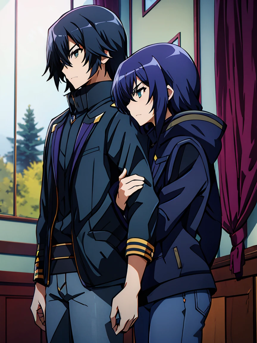 Couple, 1 girl 1 boy, different hair color, long aqua blue hair (Kurokami medaka), wavy hair, no bangs, grey eyes. Pullover and jeans. Short black hair, wavy hair and (green eyes) , black t shirt and jeans, height different, detailed eyes, face, hand. The look at the viewer. They hug. They are near pine trees with snow. Full figure. Background snow forest