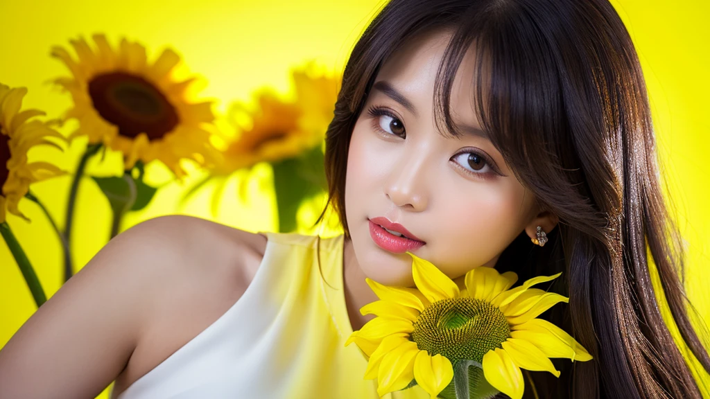 sunflower,(Detailed face),vivid,((Yellow Background)),cute,A silky white dress with sleeveless top and turtleneck,4K ,Ultra-high resolution,(Photorealistic:1.7),Long black hair,