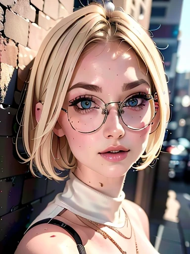 dynamic close-up of the upper part of 1 Woman with freckles, extremely albino, extremely thin and beautiful, perfect body, well-shaped face, skin with highly detailed depth, she is Against a brick wall, (haircut, wavy hair and blonde), (detailed eyes, large, bright, light brown eyes, curved eyelashes, large glasses), (making a sensual pout with her mouth), wearing a short sweater showing shoulders, ultra realistic image, vibrating and spiky, dynamic vision, high quality 32k , hyper-realistic, cinematic.