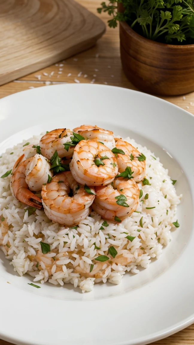 Shrimp bobó accompanied by loose white rice sprinkled with chives and parsley on a beautiful white plate on a wooden table