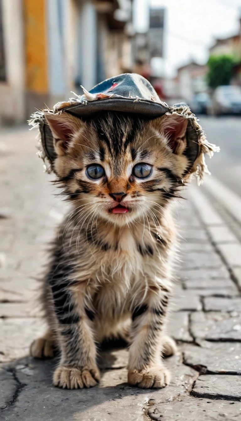 A kitten with a very aggrieved expression，It wears ragged clothes.，Wearing a funny tattered hat，Crouching on a busy street corner begging，Clear pictures，Funny scene