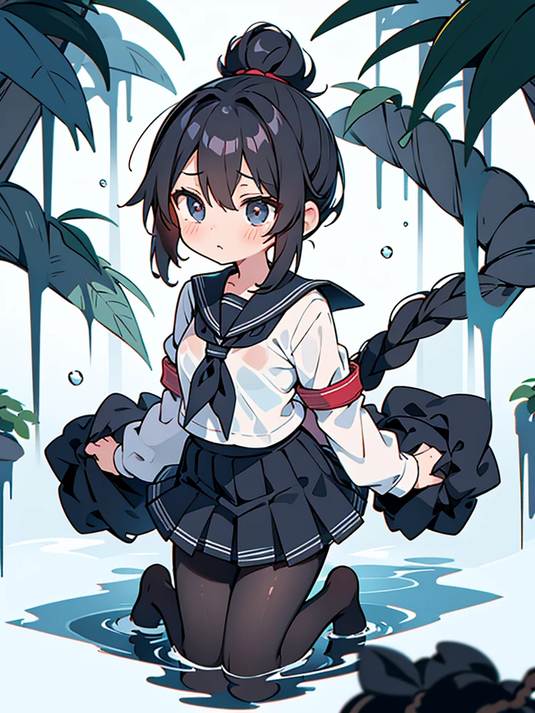 Correct human body structure,perfect,Black ponytail,Black pantyhose,((young cute girl)),Full body pictures,Drowning,Hold your breath,rope bondage,Put your hands behind your back,Short skirt,alarmed,wet clothes,school uniform
