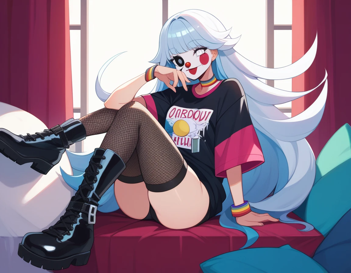 Girl with long hair and bangs with white eyes, clown-painted face, oversized t-shirt, white legs with black fishnet stockings and boots