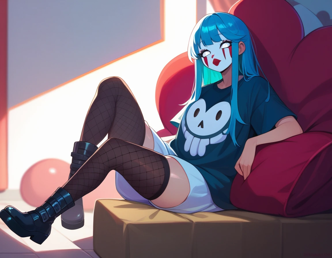 Girl with long hair and bangs with white eyes, clown-painted face, oversized t-shirt, white legs with black fishnet stockings and boots