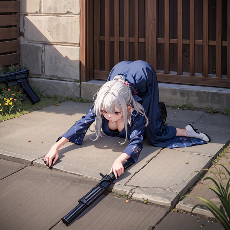 (Fox Girl, Fox Ears, Silver Hair, Fox Makeup, One Girl, Long Hair:1.6), (kimono, Kimono with open chest, A beautiful kimono with red and black patterns, I can see her cleavage, Open chest, Exposed skin:1.8), (Body measurements are 75-60-75!, Young girl body, Small breasts, Small breasts, Emphasize the chest, Ready your weapon, face down, Assault Rifle:1.9), Avatar, face, lewd face, Dominant representation, naughty face, Uplifting, Skin Texture, outside, Grassy field