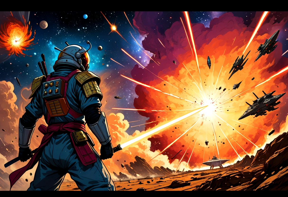 cosmic astronaut samurai, epic space battle, gritty, 1980s heavy metal style, space ships, blasts, explosions, sense of movement and energy, intense, too real, high tension, maximal, nuanced, expressive, rough-sketch