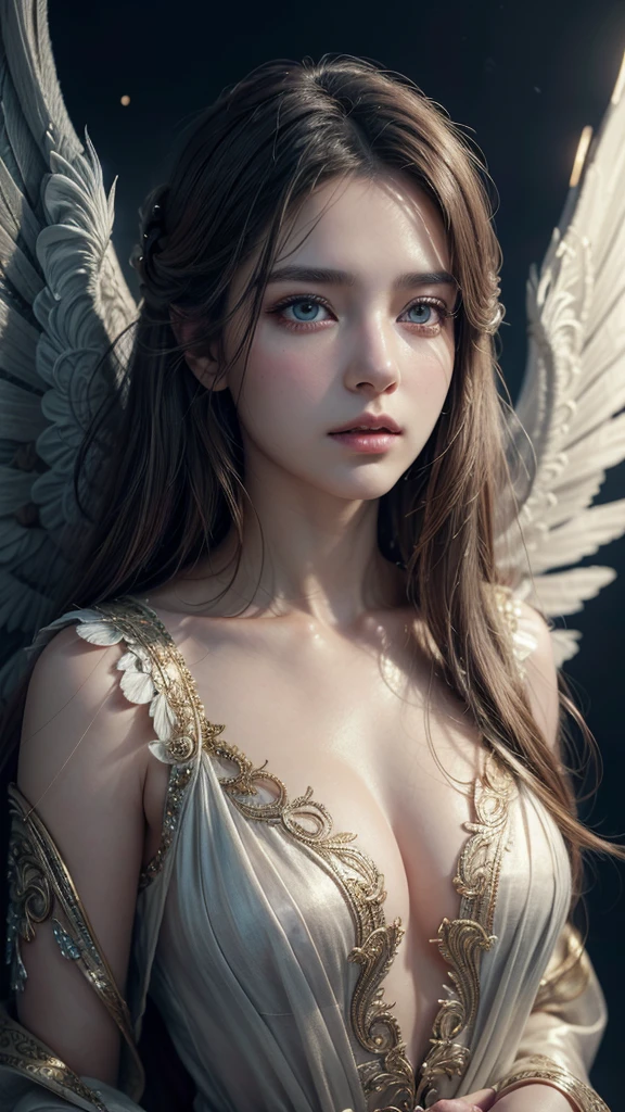 A female angel, extremely detailed, photorealistic, 8K, ((masterpiece)), detailed facial features, beautiful eyes, long lashes, elegant expression, intricate wings, glowing aura, flowing hair, delicate skin, detailed clothing, fabric texture, dramatic lighting, cinematic composition, vibrant colors, fantasy, digital art